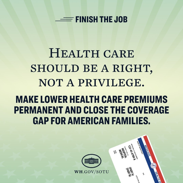 Plakat mit dem Text "Beenden Sie den Job: Gesundheit sollte ein Recht sein, nicht ein Privileg" und einer Karte mit der Aufschrift "Machen Sie niedrigere Gesundheitskosten permanent und schlie├čen Sie die Lücke in der Deckung für amerikanische Familien."