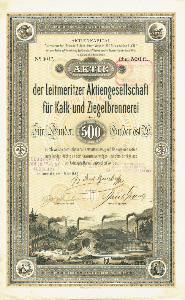 Altes deutsches Aktienzertifikat mit einer Fabriklustration und gedrucktem Text.