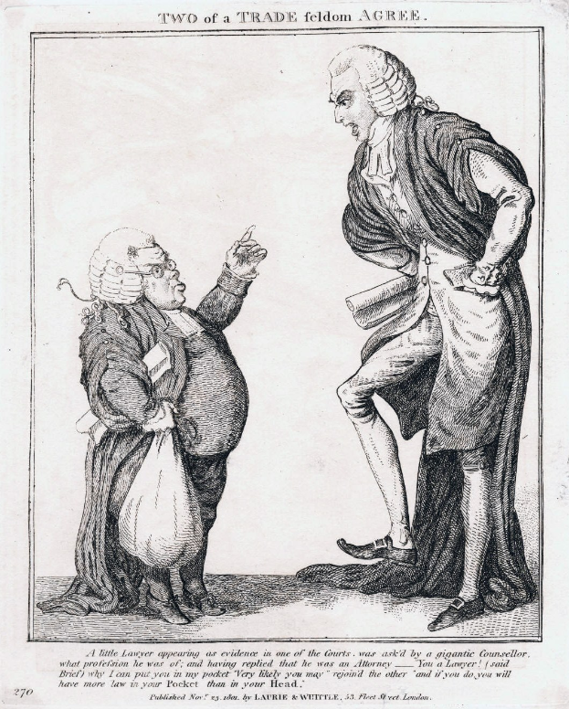 Schwarz-weiß-Zeichnung von zwei Menschen im Gespräch, einer hält eine Tasche, mit dem Text "Zwei eines Gewerbes einigen sich" darunter.