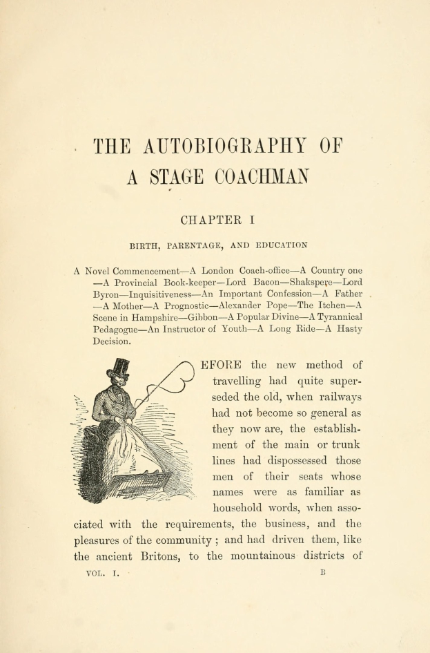 Offenes Buch mit dem Titel "Die Autobiografie eines Kutschers" zeigt eine Zeichnung eines ernst dreinschauenden Kutschers in einem Anzug, Hut und mit einer Peitsche und einem Buch in der Hand.