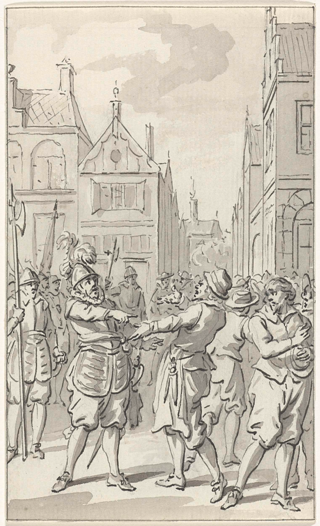 Eine Zeichnung von tanzenden Menschen in einer Straße mit Gebäuden und Himmel im Hintergrund, beschriftet mit 'William Hogarth, 'Die Rückkehr des verlorenen Sohnes' unten.