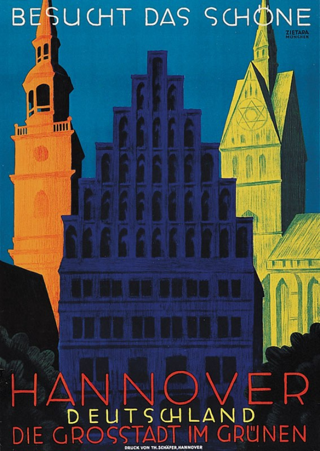 Plakat f"ur Hannover, Deutschland, mit Bildern von Geb"uden und B"umen und Text mit Stadtinformationen.