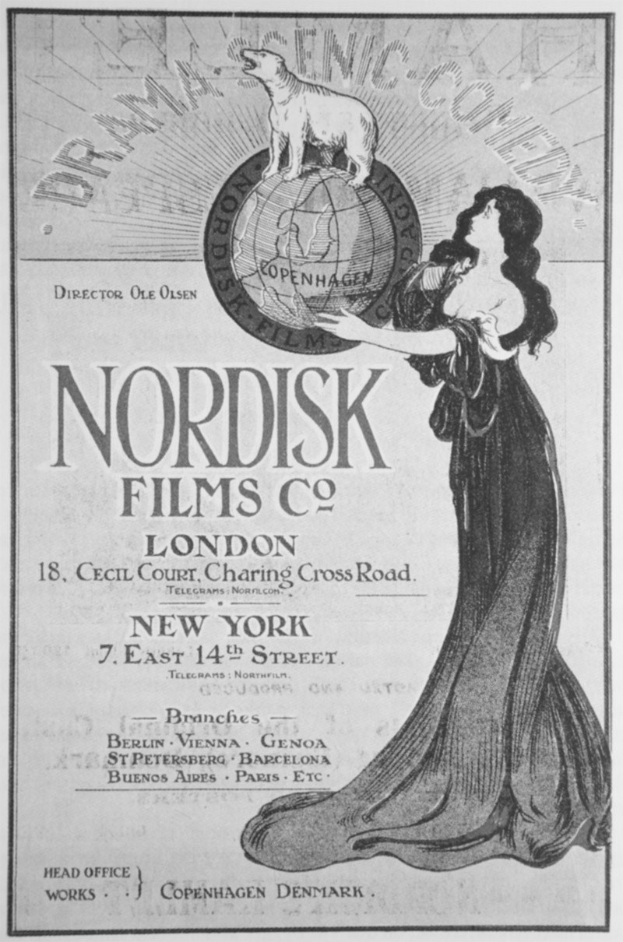 Werbeplakat der Nordisk Films Co. London mit einer Frau in einem langen Kleid mit einem menschlichen Gesicht und Text, der die Dienstleistungen des Unternehmens bewirbt.