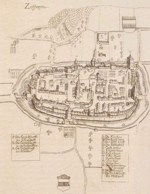 Alte detaillierte Karte von Zoffingen, Deutschland, zeigt Straßen, Gebäude, Bäume und Text auf altem Papier.