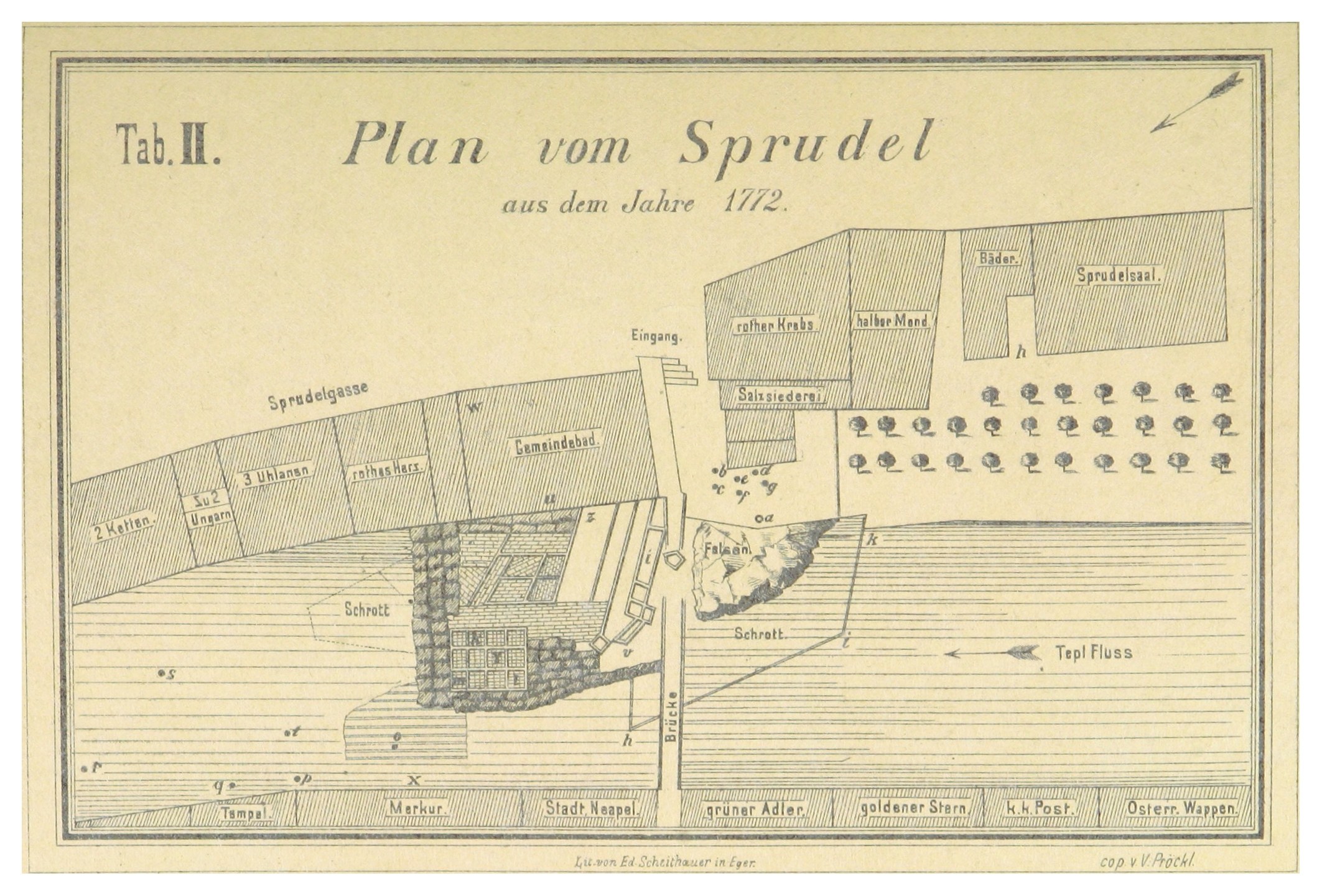 Ein Plakat mit einem detaillierten Stadtplan von Spruidel, Deutschland, begleitet von beschreibendem Text.