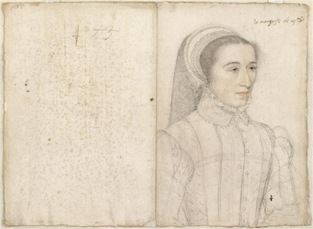 Ein aufgeschlagenes Buch mit einer detaillierten, lebensechten Zeichnung von Marguerite de Nantes, einer französischen Adligen, mit zurückgebundenem Haar und einem sanften Ausdruck, begleitet von kursiver Schrift.
