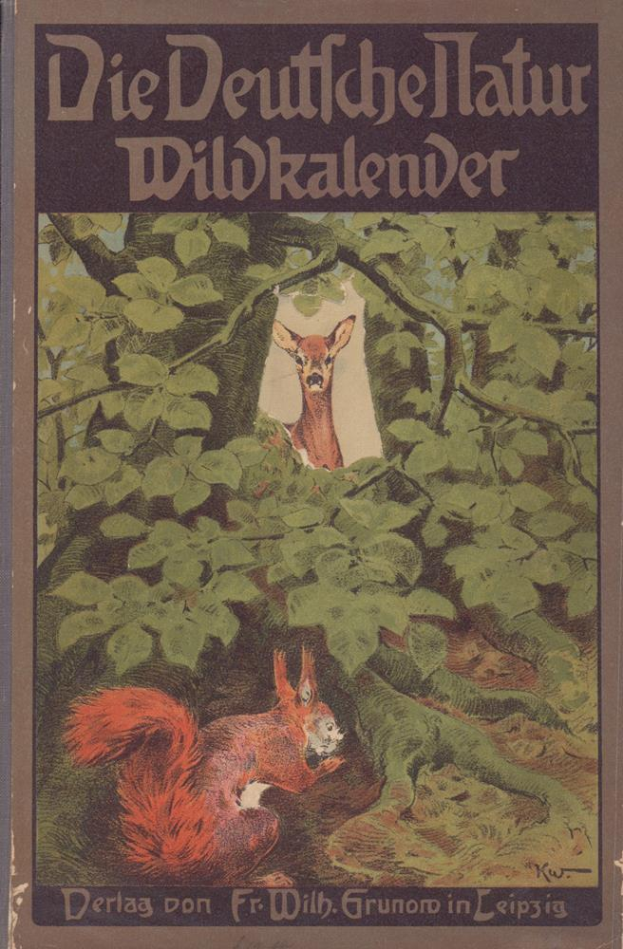 Ein Buch mit dem Titel "Die Deutsches Hatur Wildkalender" zeigt ein Bild von einem Reh und einem Eichhörnchen in einem Waldgebiet.