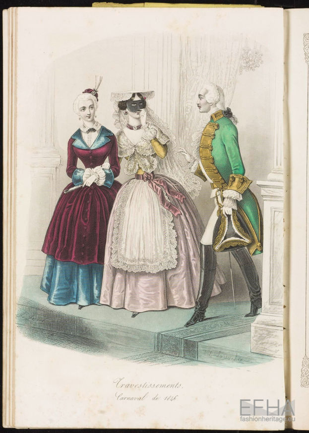 Ein aufgeschlagenes Buch mit dem Titel "Cravestissements, Karneval de 1781" mit einer Zeichnung von drei Frauen in farbenfrohen, detaillierten Kleidern und einem Mann in einem grünen Anzug, wahrscheinlich aus dem 18. Jahrhundert.