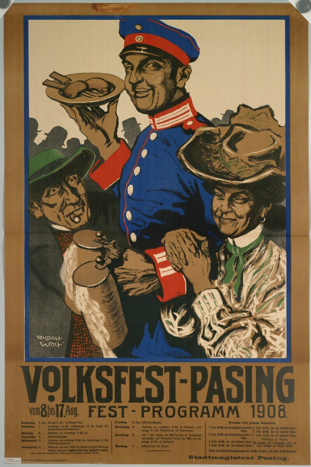 Ein Vintage-Plakat für das Volksfest-Pasing 1908, das einen Mann in rot-weiß gestreiftem Hemd und eine Frau in einem blauen Kleid in traditioneller deutscher Tracht zeigt, vor einem hellgelben Hintergrund mit schwarzer Schrift.