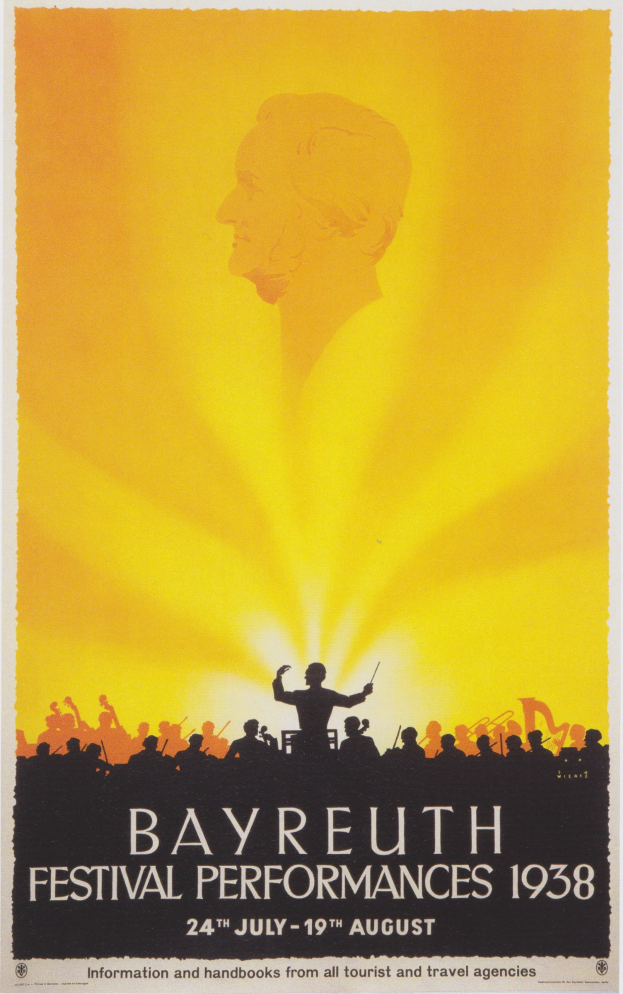 Ein Plakat für die Bayreuther Festspiele 1938, das eine zentrale Figur umgeben von einer Gruppe von Menschen zeigt, mit Texten, die Festival-Informationen bereitstellen.