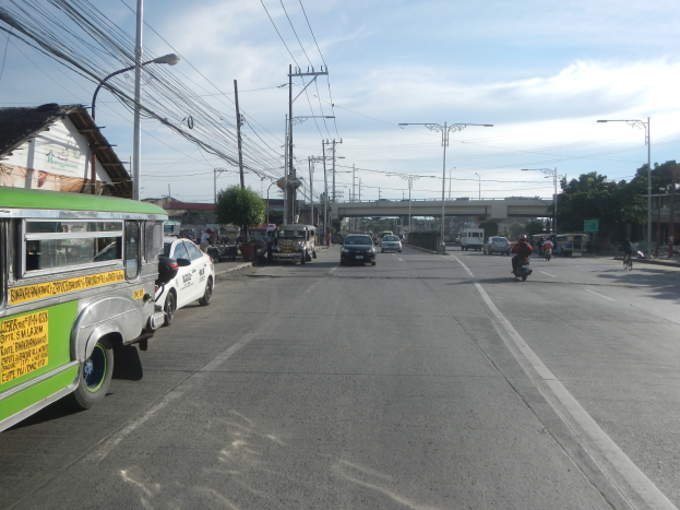 Ein grüner Bus fährt auf einer Straße mit Strommasten, Drähten, Laternen, Bäumen und einer Brücke im Hintergrund unter einem bewölkten Himmel, mit einem Wasserzeichen auf dem Bild.