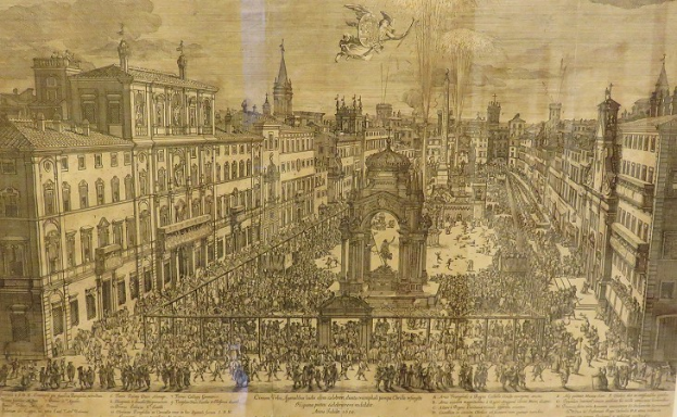 Eine Zeichnung einer belebten Stadtstraße mit einer Menge Menschen, hohen Gebäuden und einem Bogen im Hintergrund, mit Text auf einem Stück Papier unten.