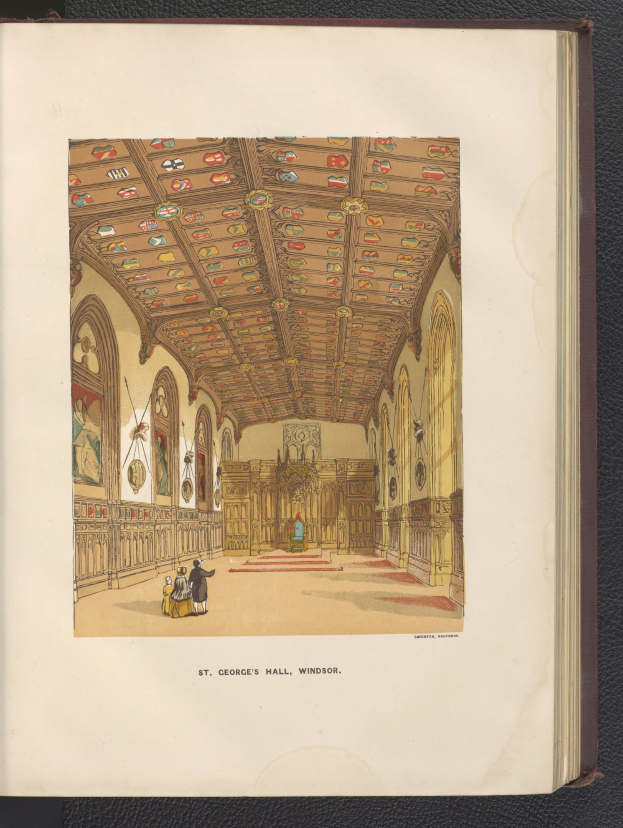 Offenes Buch mit einer detaillierten Illustration des Inneren von St. Georgs Halle in Windsor, England, mit sichtbaren architektonischen Elementen und Figuren, das auf einer schwarzen Oberfläche liegt.