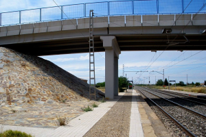 Ein Bahnhof mit einer Steinmauer, eine Brücke mit Geländern und Säulen, Strommasten mit Drähten, eine Leiter zum Bahnsteig und Bäume und ein bewölkter Himmel im Hintergrund.