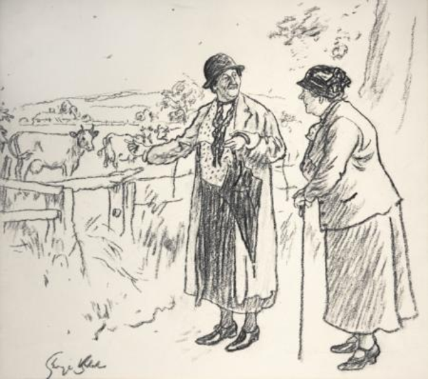 Ein Mann und eine Frau stehen zusammen auf einem Feld, der Mann hält einen Stock, mit Tieren, Bäumen und einem Zaun im Hintergrund; Text unten lautet "Die Farmer's Wife von Sir Edward Burne-Jones."