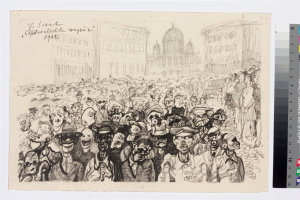 Schwarze und weiße Zeichnung einer Protestveranstaltung mit Menschen, die schreien und gestikulieren, vor einem hohen Gebäude, mit Farbskalen auf der rechten Seite.