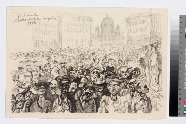 Schwarze und weiße Zeichnung einer Protestveranstaltung mit Menschen, die schreien und gestikulieren, vor einem hohen Gebäude, mit Farbskalen auf der rechten Seite.