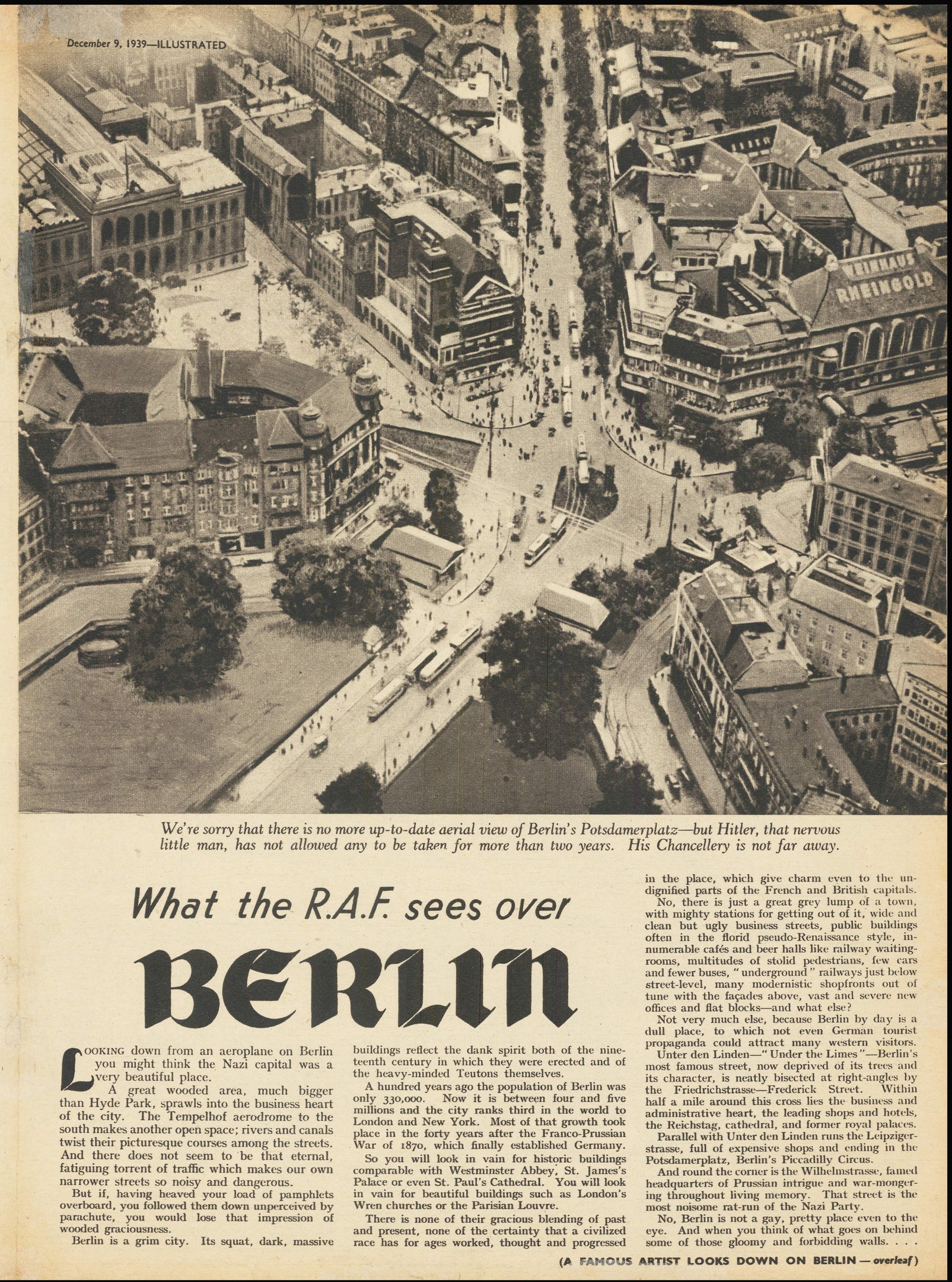 Schwarzes und weißes Zeitungsbild, das eine Stadtlandschaft mit Gebäuden, Bäumen und Fahrzeugen zeigt, begleitet von Text.