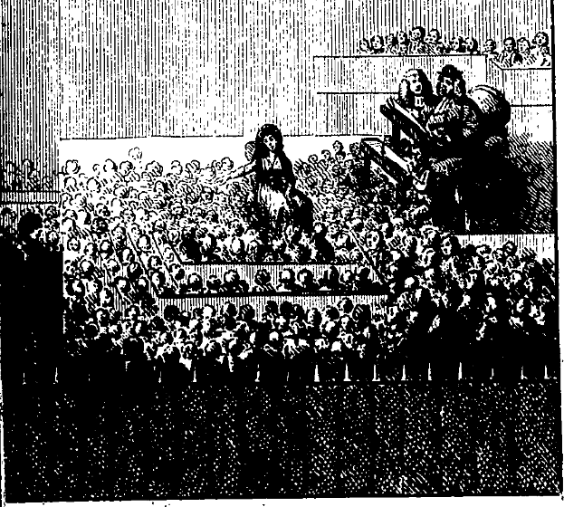 Eine Schwarz-Weiß-Zeichnung eines vollen Theaters mit sitzenden und stehenden Menschen und dem Text "The New York Times" unten.