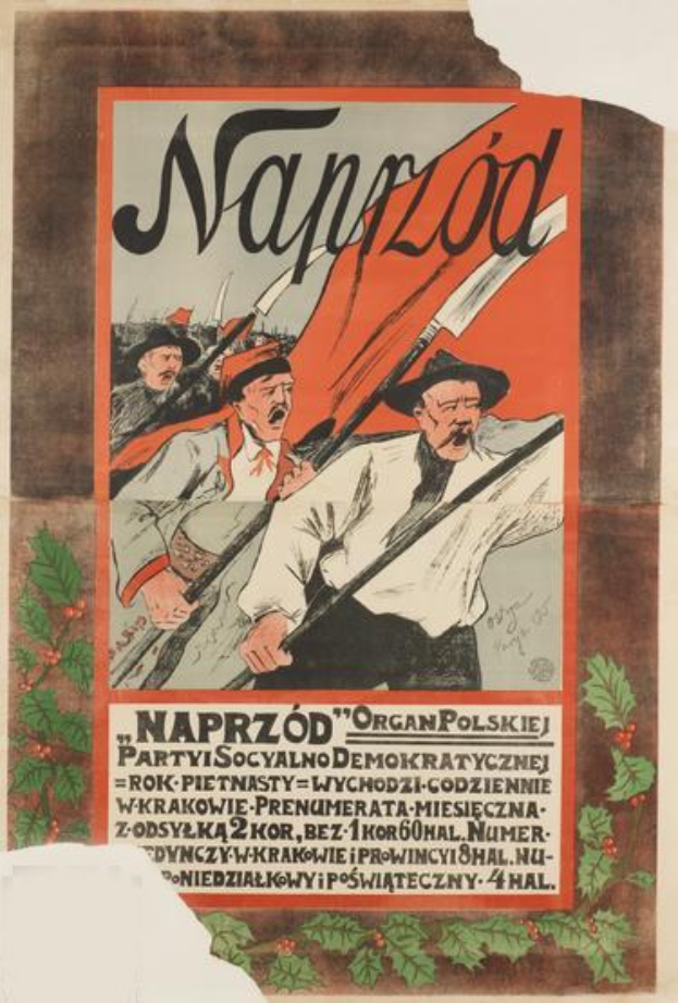 Ein polnisches Propagandaplakat für die polnische Revolution, das einen Mann mit einem menschlichen Gesicht in der Mitte zeigt und Text enthält, der Informationen über das Ereignis enthält.