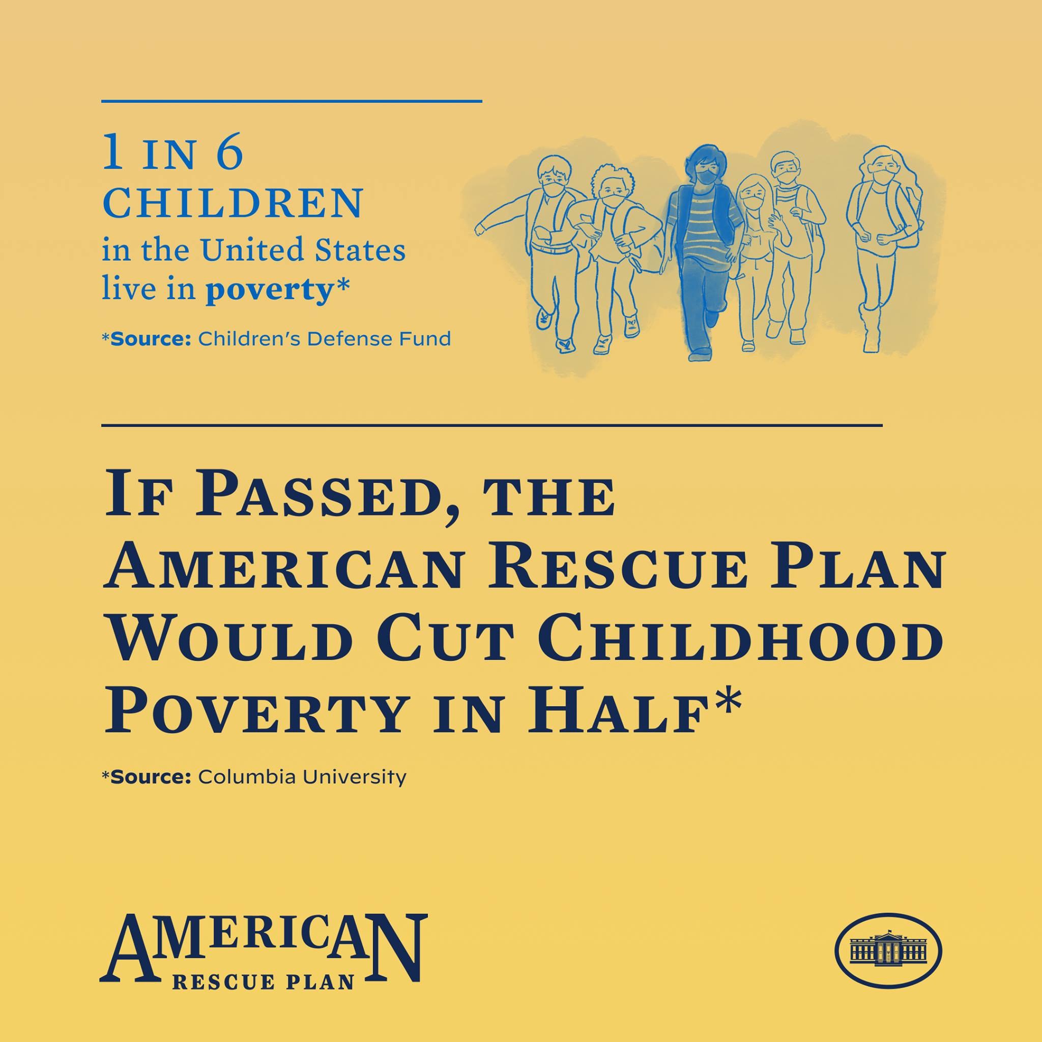 Plakat für den American Rescue Plan, das den Text zeigt, der besagt, dass es die Kinderarmut in Amerika halbieren würde, und ein Bild einer vielfältigen Gruppe von Menschen.