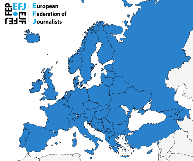 Eine Europakarte, die die Europäische Journalisten-Föderation (EFJ) in Blau mit zusätzlichen Textdetails hervorhebt.