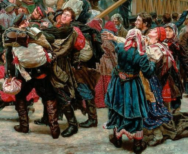 Gemälde, das eine Gruppe von Menschen zeigt, die vor einem Publikum tanzen, während einer lebhaften Szene aus der russischen Revolution, wobei einige Gegenstände halten und traditionelle russische Kleidung tragen, vor einem Hintergrund aus einem hölzernen Haus.