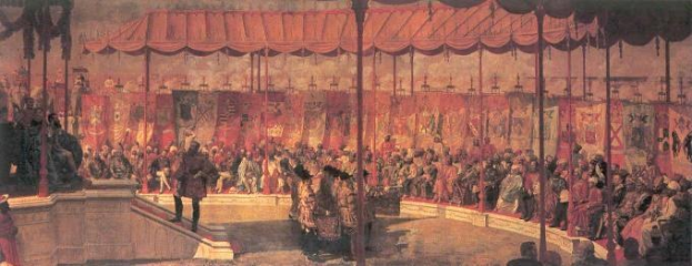 Gemälde einer vollen Theaterübersicht, einige stehend und einige sitzend, mit Vorhang und Polen im Hintergrund, auf eine Opernaufführung wartend.