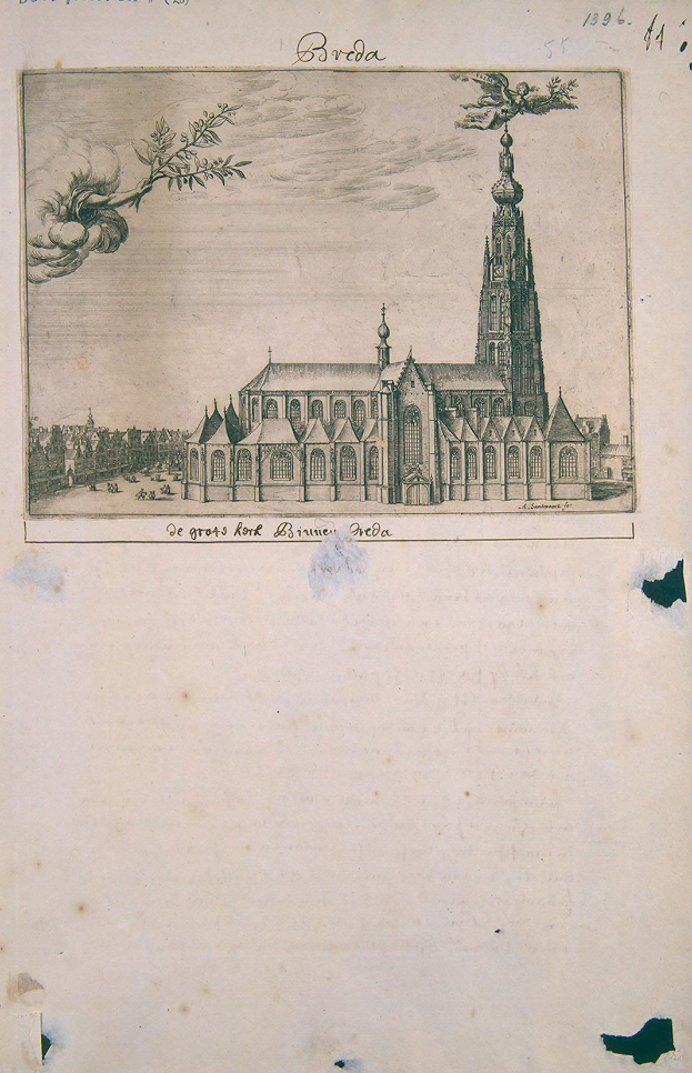 Ein altes Buch mit einer detaillierten Zeichnung einer Kirche mit hohem Turm und lesbarem Text.