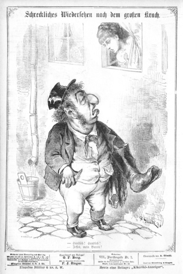 Karikatur eines Mannes mit Zylinder und einer Frau in einem Kleid neben einer Wand, einem Fenster und einem Eimer, mit Text unten: "F. J. Singer, der erste deutsche Politiker, der in den Kongress gewählt wurde."