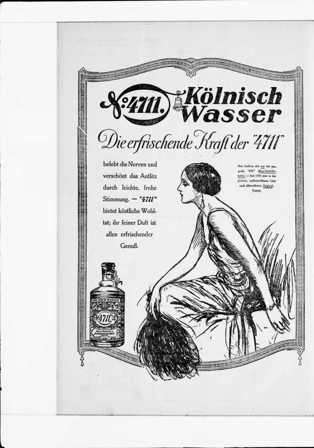 Das Gesicht einer Frau auf einer Werbung für Kölnisch Wasser, mit Text, der das Produkt beschreibt.