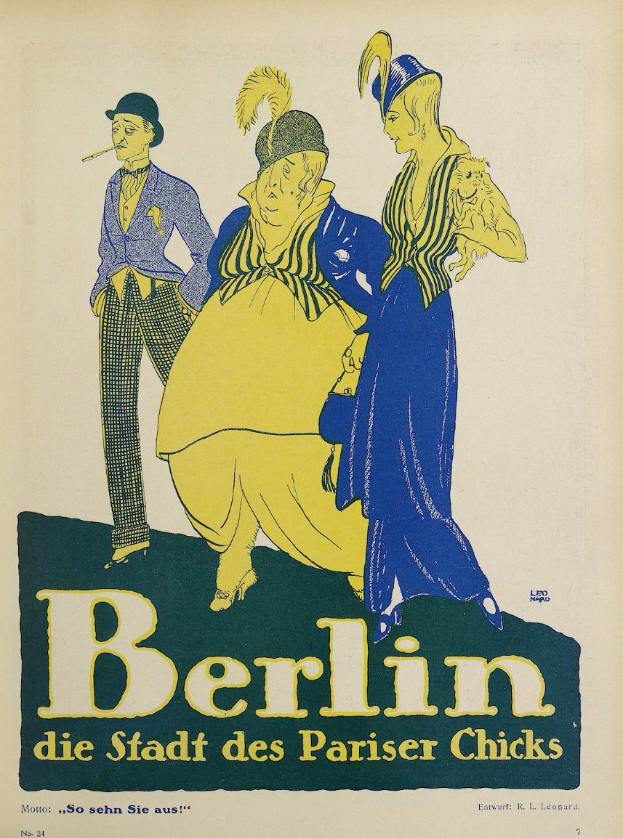 Plakat für ein Berliner Konzert mit dem Titel "Berlin - Die Stadt des Pariser Chicks", das eine Gruppe von Menschen in bunten Kleidern vor einem Gebäude zeigt, die lächeln.