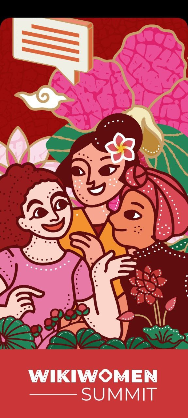 Plakat für den Wikiwomen Summit 2019 mit drei Frauen in der Mitte umgeben von Blumen und Blättern und dem Text "Wikiwomen Summit 2019" unten.