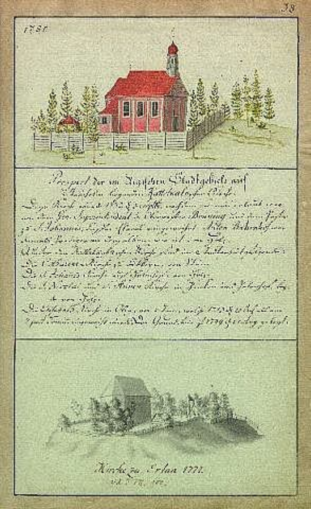 Ein deutsches Schulbuch von 1777 mit einer Abbildung eines roten Hauses umgeben von Bäumen und einem Zaun.