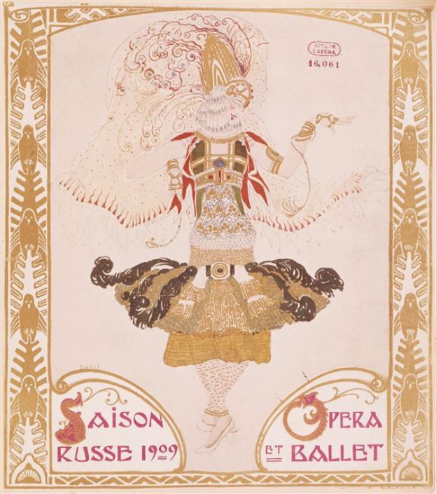 Plakat für eine Pariser Ballettvorstellung im Jahr 1909 mit dem Titel "Saison Russe", das eine gemalte Tänzerin in einer anmutigen Pose zeigt, mit "Opera et Ballet" in fetter Schrift darüber.