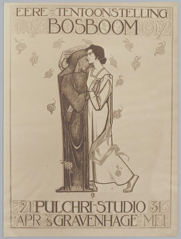 Ein Konzertplakat mit einem Mann im Anzug und einer Frau in einer Schürze, die nebeneinander stehen und ernste Gesichter haben, begleitet von Textinformationen zum Event.