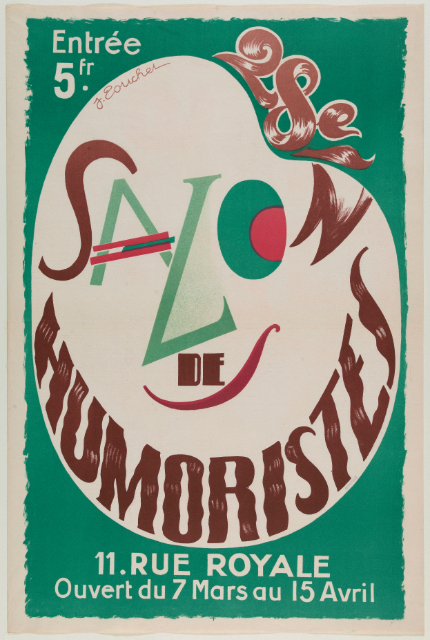 Ein Plakat, das einen Humorsalon in Paris, Frankreich, ankündigt, mit Text, der die Angebote des Salons beschreibt.