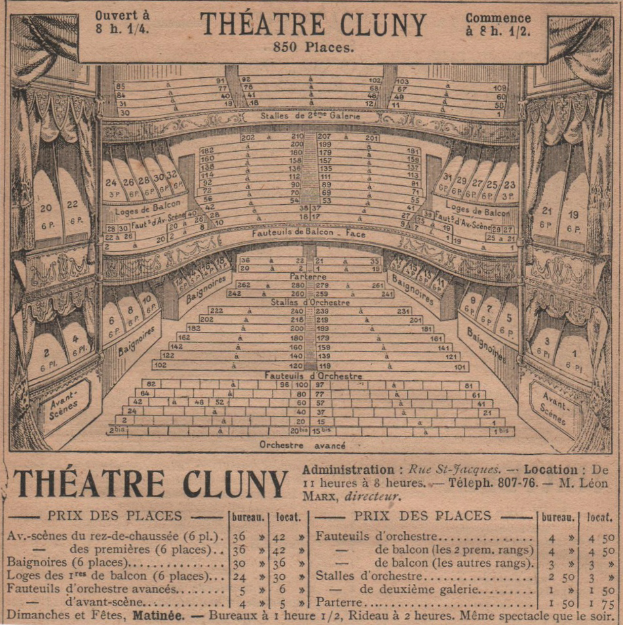 Eine alte Zeitungsanzeige für das Théâtre Cluny in Paris, die eine detaillierte Zeichnung des Auditoriums mit Sitzreihen, Vorhängen und Text zur Sitzplatzanordnung zeigt.