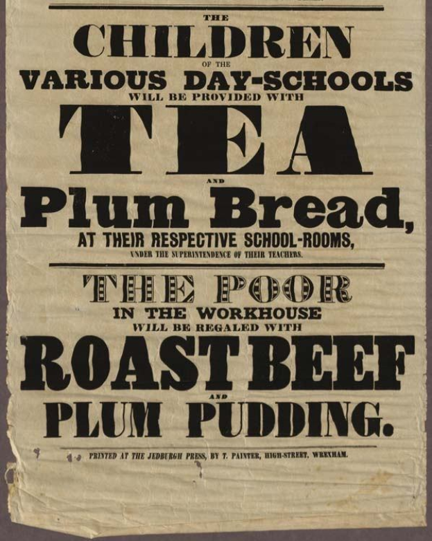 Ein Blatt mit dem Text "Die Kinder der verschiedenen Tagesschulen werden mit Tee, Pflaumenbrot und Rinderbraten sowie Pflaumenpudding versorgt."