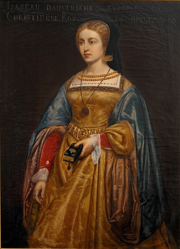 Gemälde einer Frau in einem goldenen Kleid mit detaillierten Verzierungen, identifiziert als Isabella daustriche, von Christierne Roy, mit einem ordentlichen Dutt, feinen Gesichtszügen und einem friedlichen, würdevollen Ausdruck.