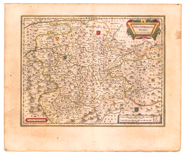 Eine alte Karte von Westfalen, Deutschland, mit den Provinzen des Königreichs England und Wales deutlich sichtbar, gedruckt auf Papier mit detailliertem Text über die Region.