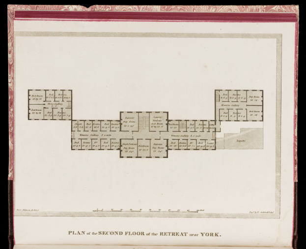 Ein detaillierter Grundriss des zweiten Stockwerks eines Retreats in der Nähe von York, gezeichnet auf Papier mit dunklem Hintergrund.
