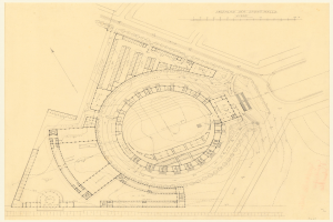 Schwarz-weißer Architekturplan eines Stadions mit umliegenden Gebäuden und handschriftlichen Textanmerkungen.