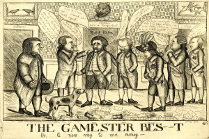 Ein Blatt Papier mit einer Zeichnung von Menschen und einem Hund, die ein Spiel spielen, mit dem Text "The Gamester Bes-T or a New Way to Win Money" darüber.