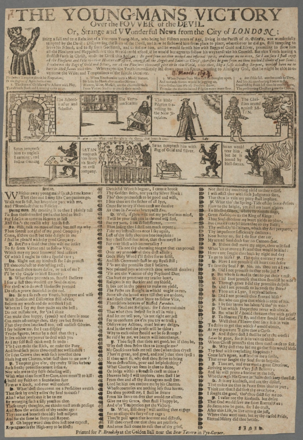 Ein Blatt mit Text und Illustrationen, das den Sieg eines jungen Mannes feiert, mit detaillierten Abbildungen von entschlossenen jungen Männern und fettem siegessicherem Text.