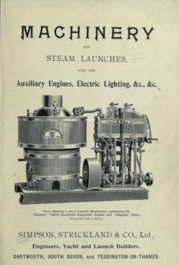 Ein altes Buch mit einer detaillierten Illustration einer Dampfmaschine, beschriftet mit "Maschinen für Dampfschiffe, auch für Hilfsmaschinen, Elektrobeleuchtung & C."