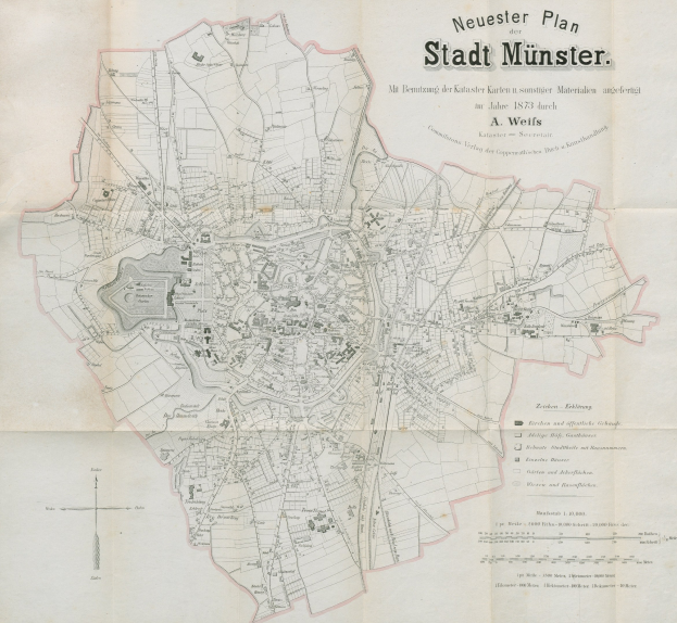 Detailierte Karte von Stadt Münster, Deutschland, von 1873 mit Textbeschriftungen zur Stadtplanung.