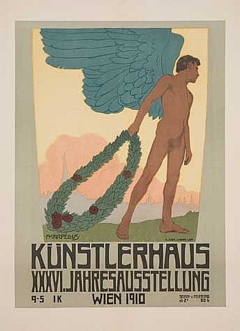 Deutsches Propagandaplakat aus dem Jahr 1910 für das Künstlerhaus Wien mit einem geflügelten Mann in einem Kranz, ausgebreitete Arme und kräftige Farben.