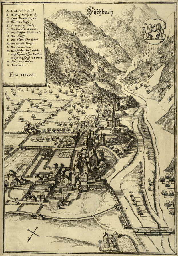 Ein alter Stadtplan von Fischbach, Deutschland, der Häuser, Bäume, Hügel und einen Fluss zeigt.
