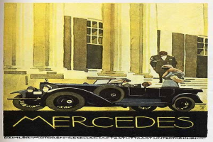 Vintage-Mercedes-Benz-Plakat aus den 1920er Jahren, das ein klassisches Auto zeigt, das vor einem modernen Gl├Ąserturm mit zwei Personen im Auto und 'Mercedes-Benz'-Text unten geparkt ist.